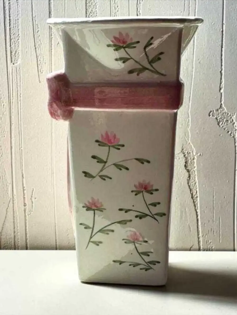 Coastal Granny Decor Rose Motif Vase, Pink Ceramic, Small Mantel Accent